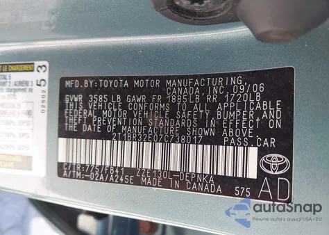 2007 Toyota Corolla Le z USA, uszkodzony, nr VIN 2T1BR32E07C738017